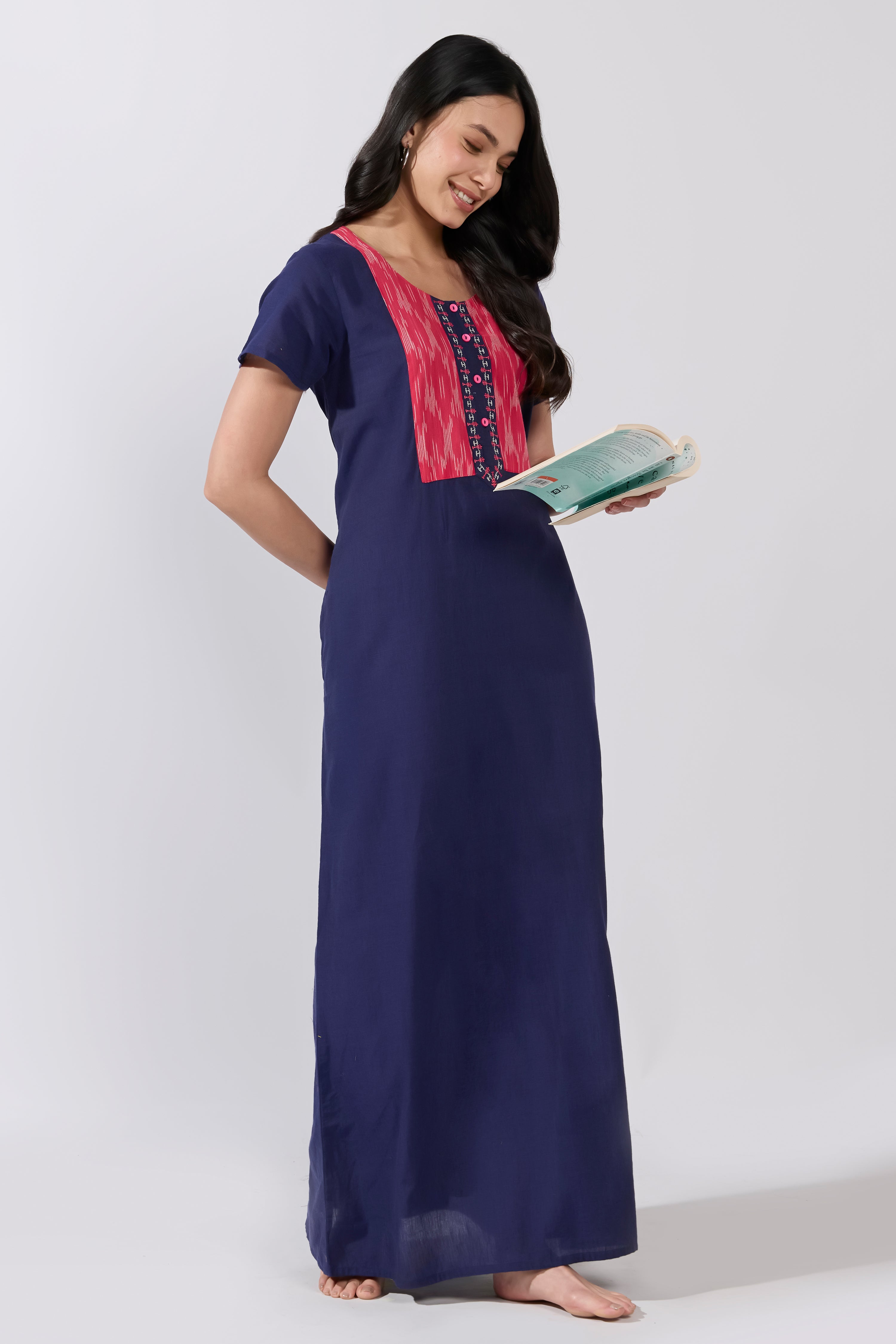 Navy Blue Solid Cotton Nightwear with Ikat Yoke