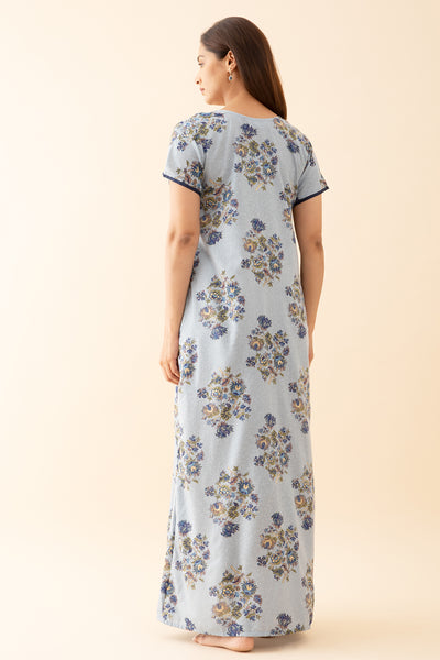 Acanthus Floral Printed Nighty with Embroidered Neckline - Blue