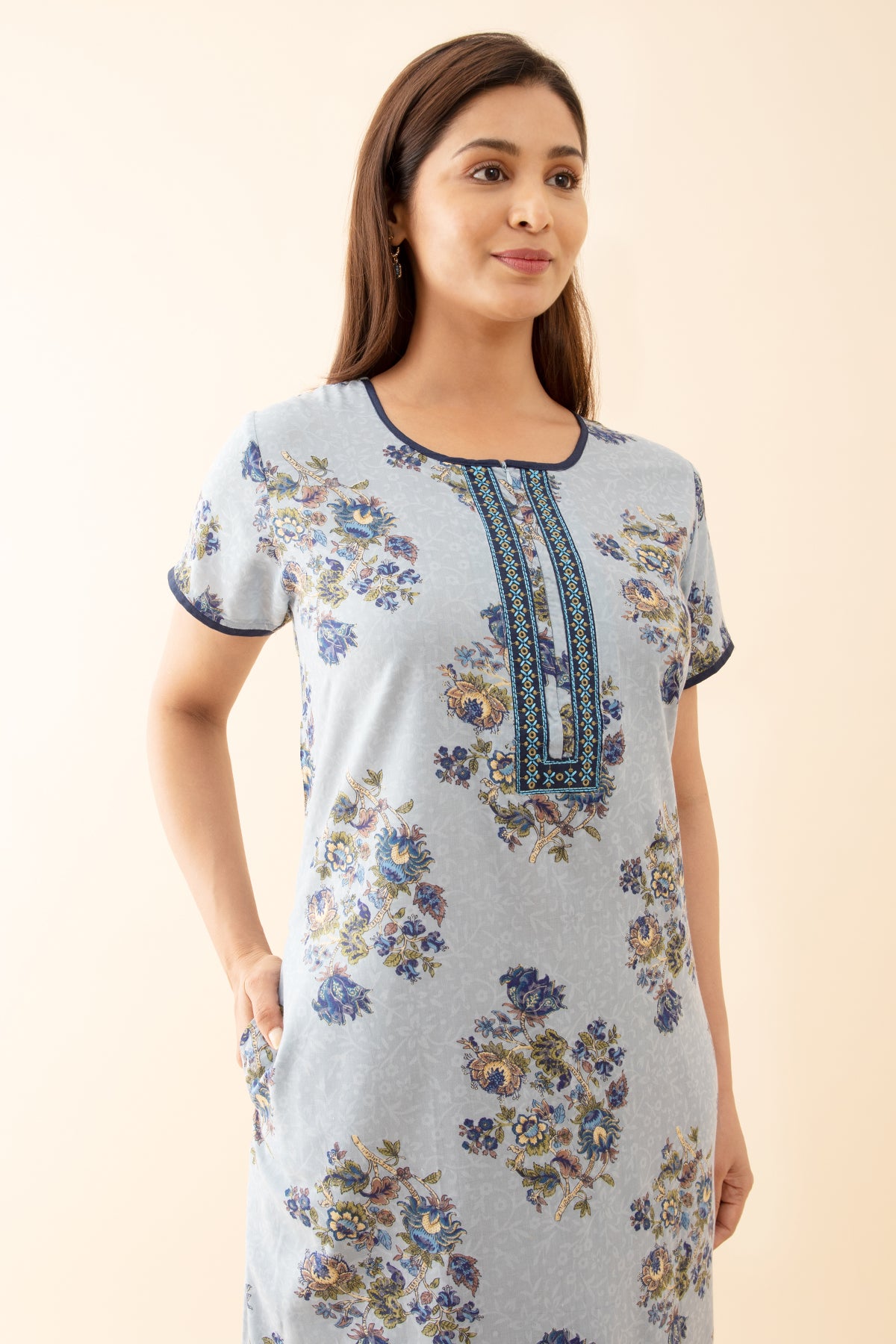 Acanthus Floral Printed Nighty with Embroidered Neckline - Blue