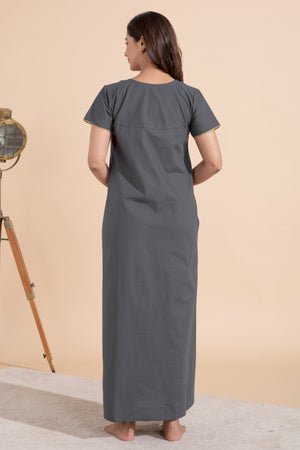Solid Grey Nighty wtih Kalmakri Printed & Embroidered Yoke