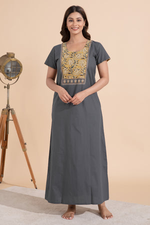 Solid Grey Nighty wtih Kalmakri Printed & Embroidered Yoke