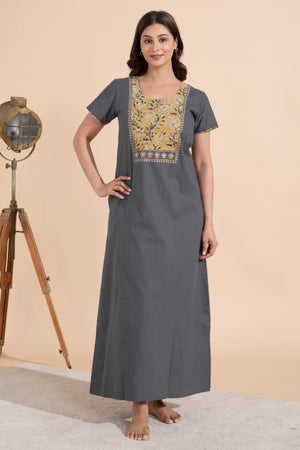 Solid Grey Nighty wtih Kalmakri Printed & Embroidered Yoke