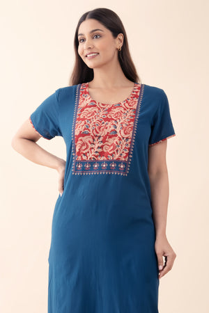 Solid Navy Blue Nighty wtih Kalmakri Printed & Embroidered Yoke