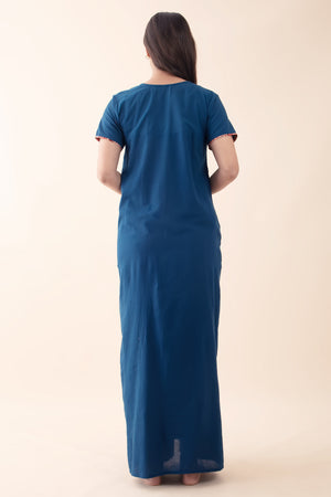 Solid Navy Blue Nighty wtih Kalmakri Printed & Embroidered Yoke