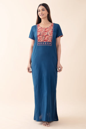 Solid Navy Blue Nighty wtih Kalmakri Printed & Embroidered Yoke