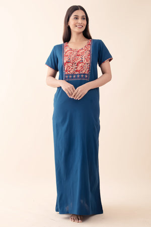 Solid Navy Blue Nighty wtih Kalmakri Printed & Embroidered Yoke