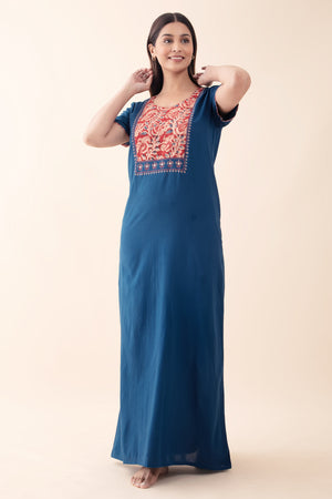 Solid Navy Blue Nighty wtih Kalmakri Printed & Embroidered Yoke