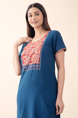 Solid Navy Blue Nighty wtih Kalmakri Printed & Embroidered Yoke