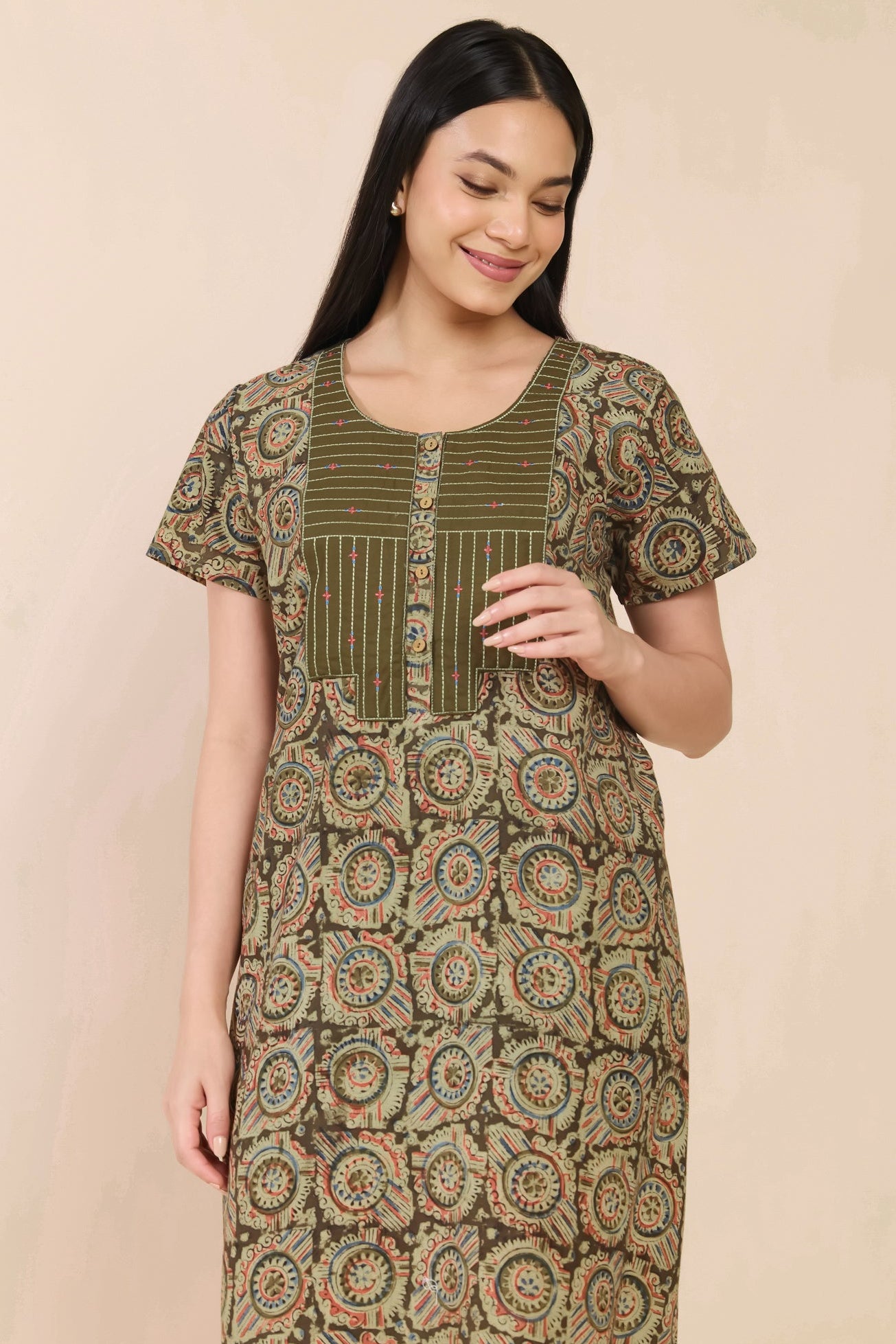 GREEN KALAMKARI COTTON NIGHTWEAR