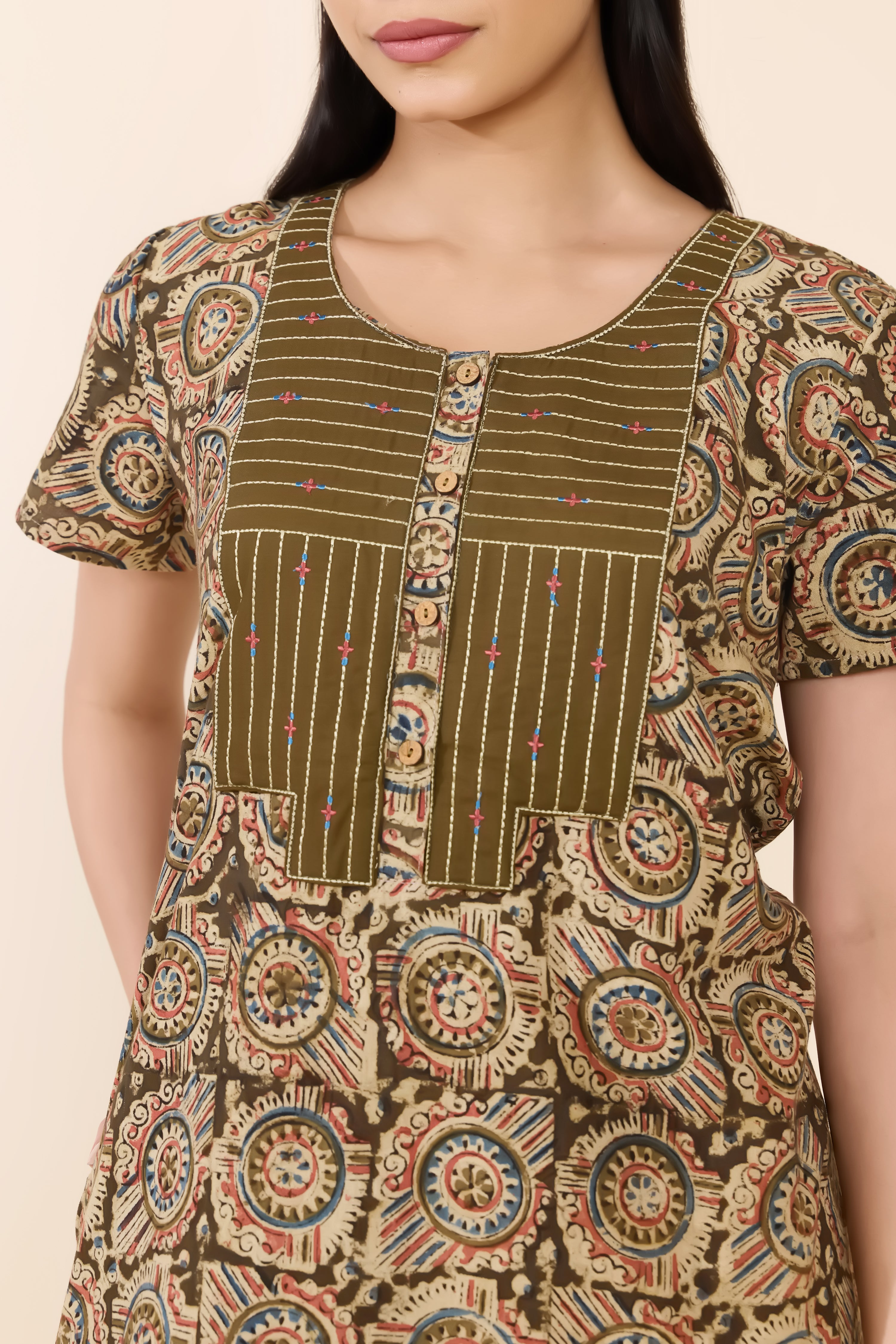 GREEN KALAMKARI COTTON NIGHTWEAR