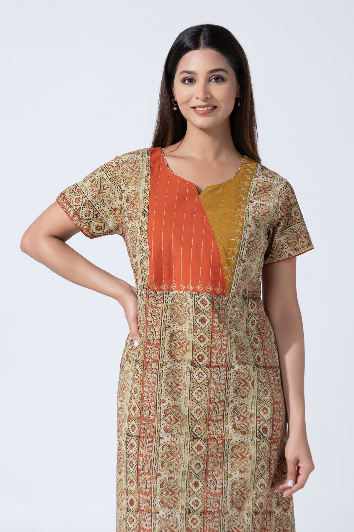 Beige and Rust Kalamkari Cotton Nightwear