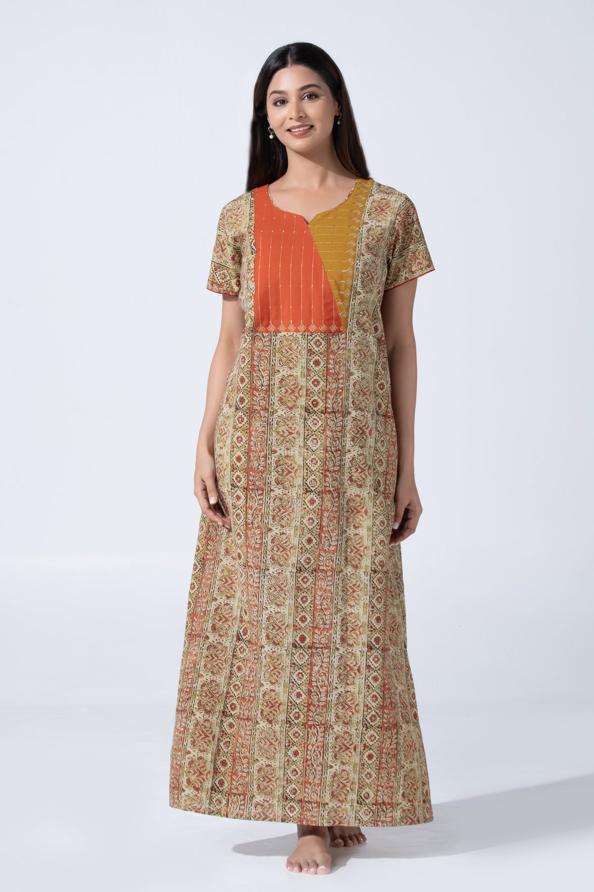 Beige and Rust Kalamkari Cotton Nightwear