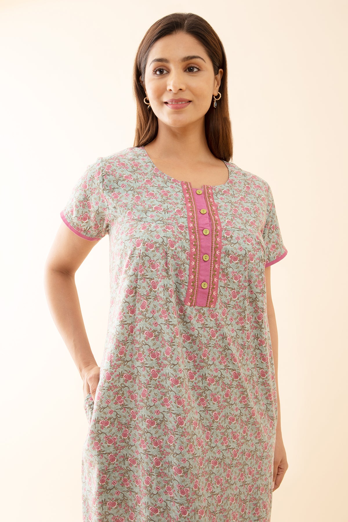 All-Over Ditsy Printed Nighty with Embroiderd Yoke - Green