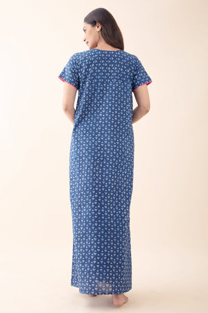 Dabu Indigo Printed Blue Nighty with Yoke Patchwork