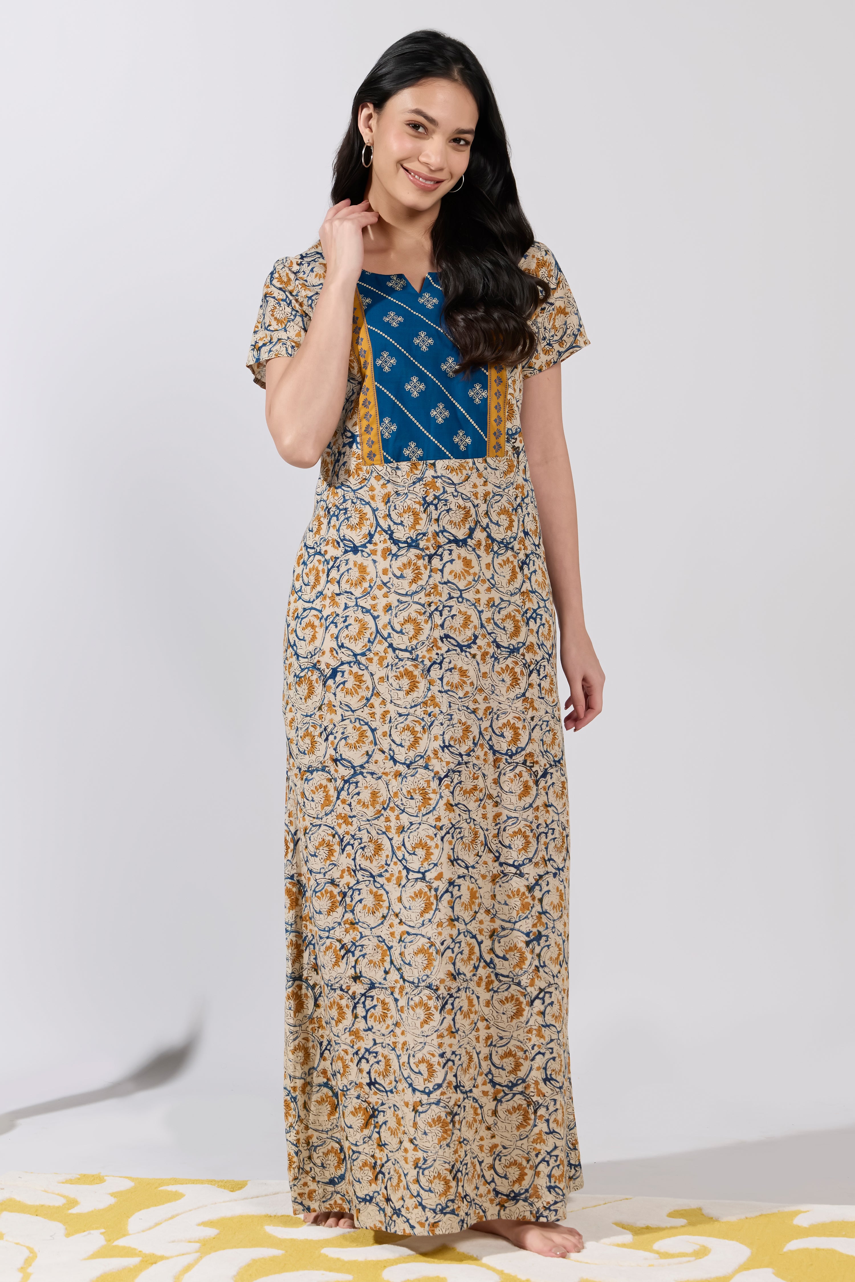 Mustard Kalamkari Cotton Nightwear