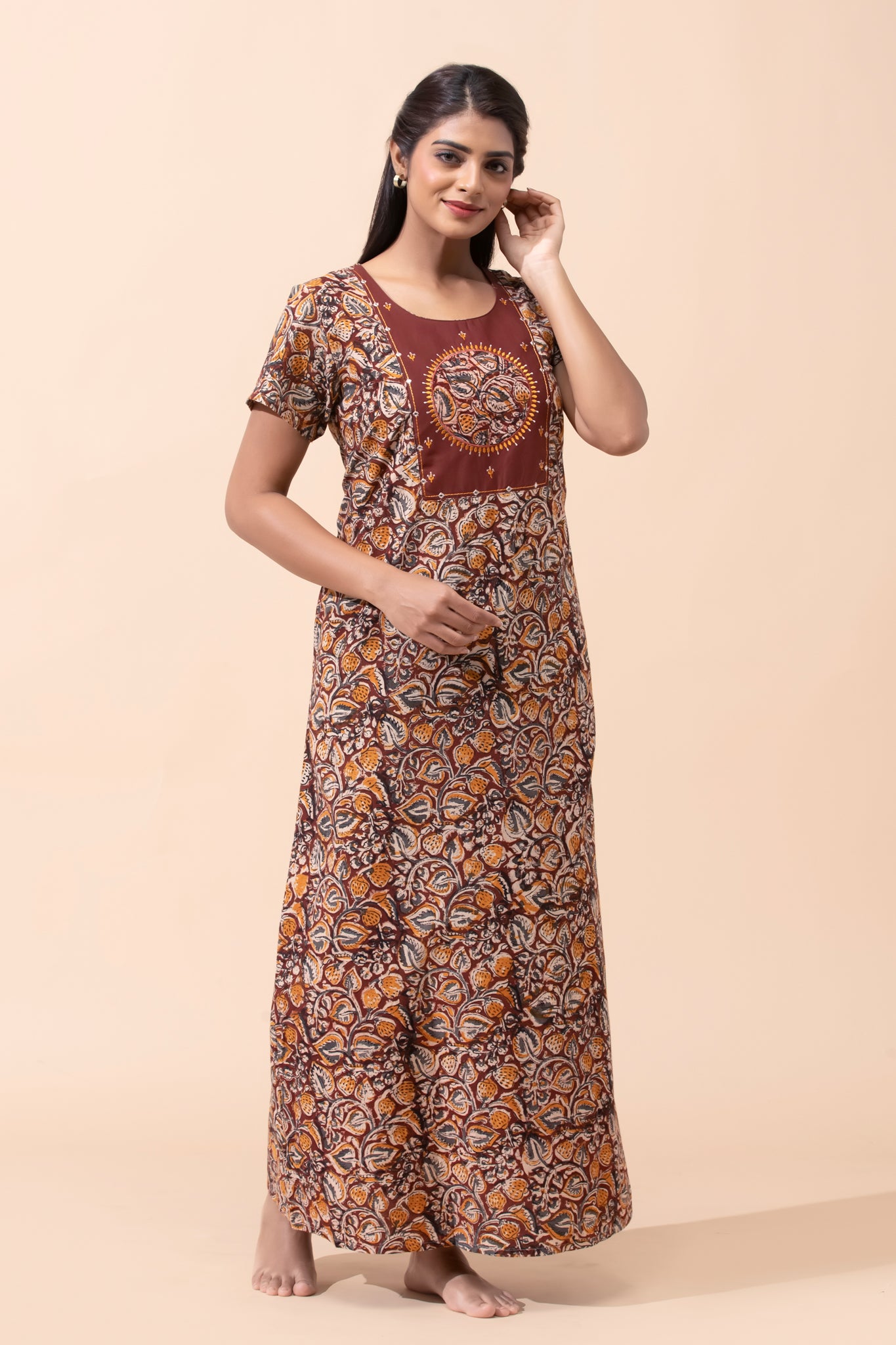 Maroon Kalamkari Cotton Nightwear