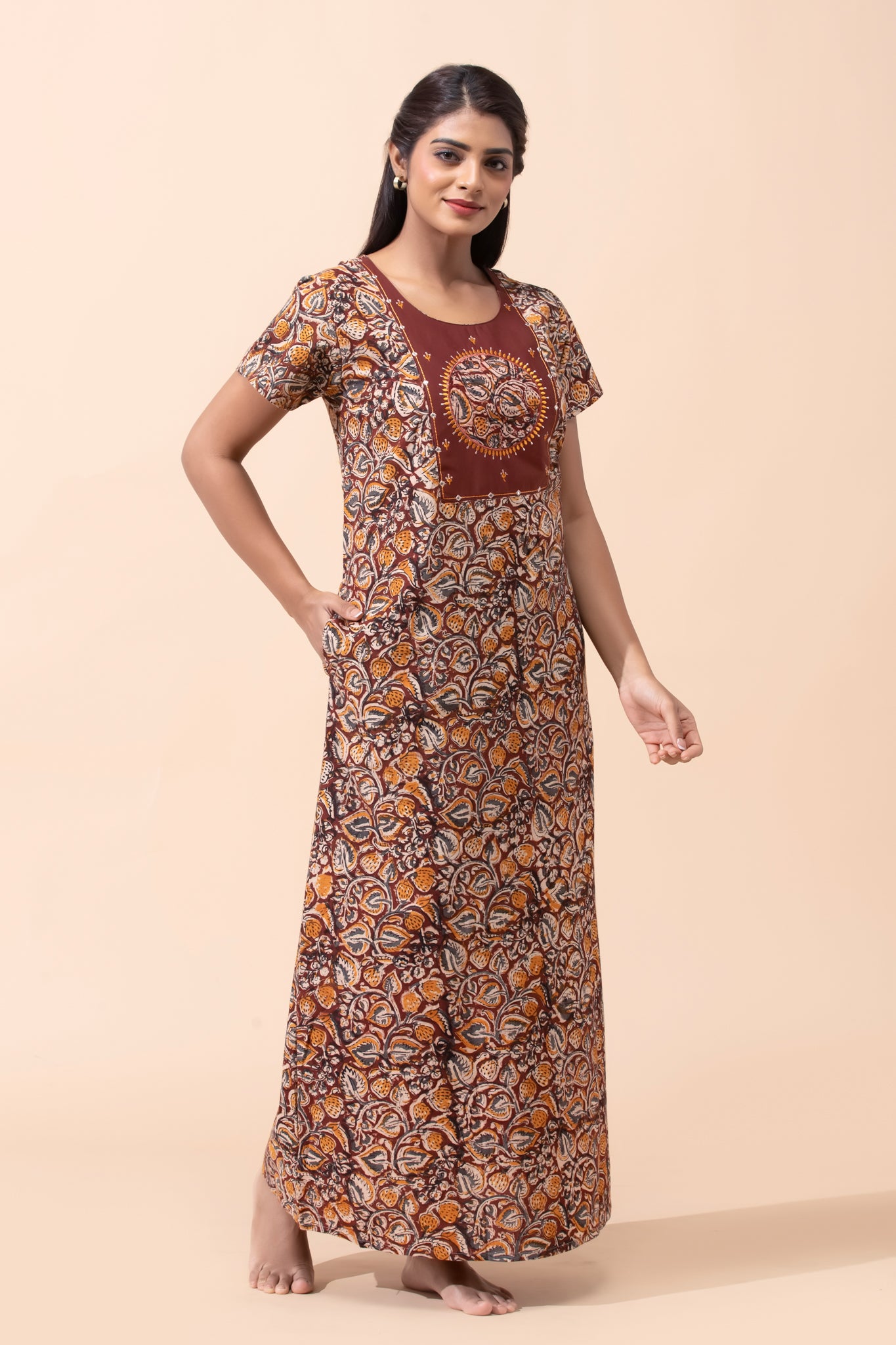 Maroon Kalamkari Cotton Nightwear