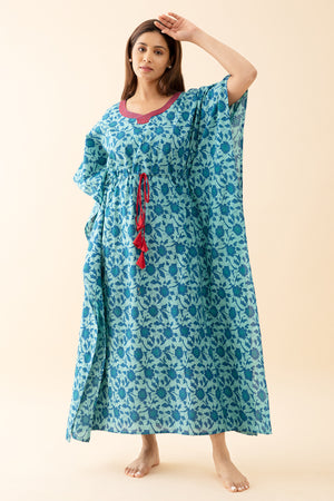 Abstract Floral Printed Kaftan with Front tie up Drawstring Blue