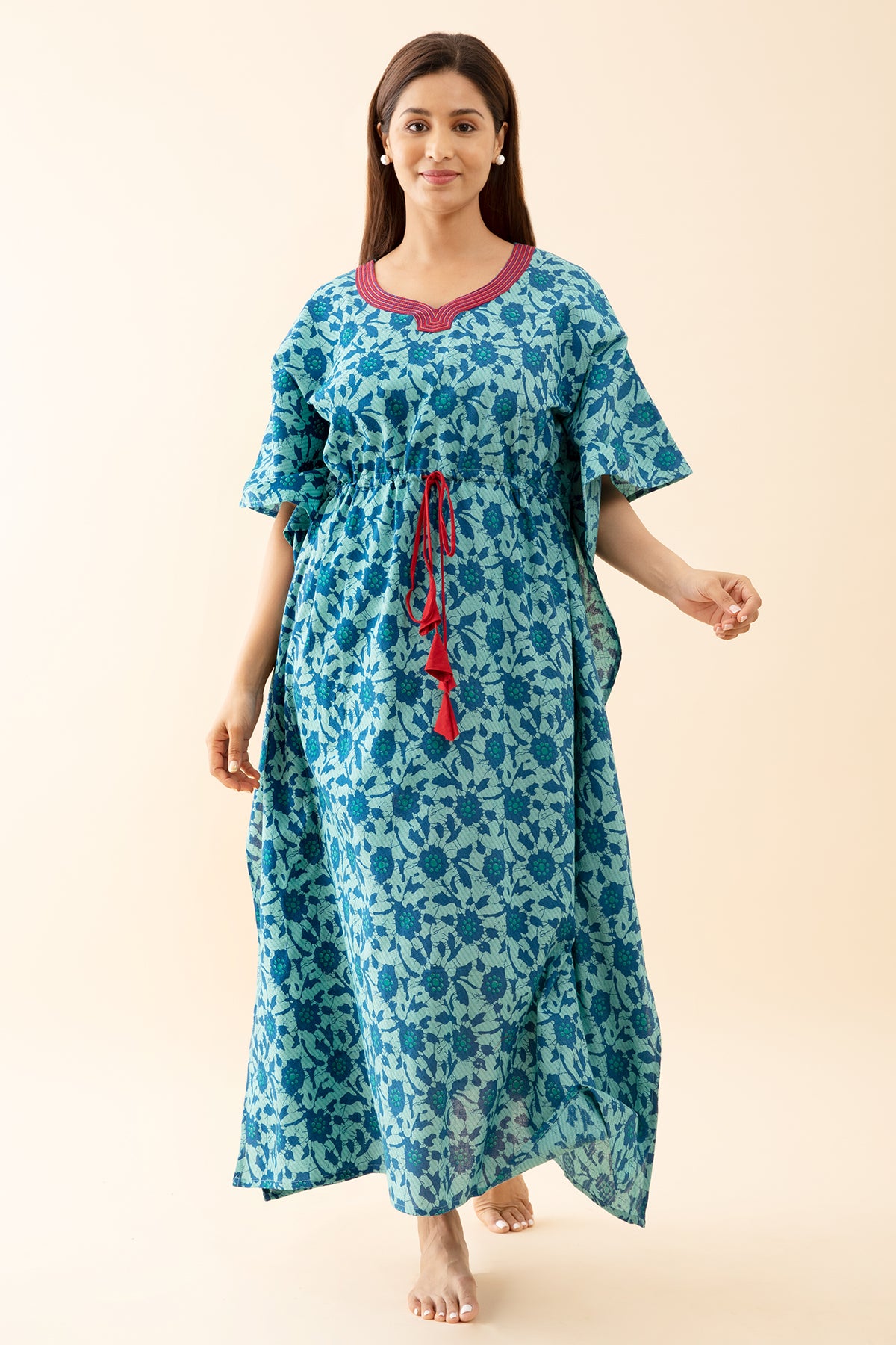 Abstract Floral Printed Kaftan with Front tie up Drawstring Blue
