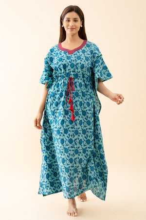 Abstract Floral Printed Kaftan with Front tie up Drawstring Blue