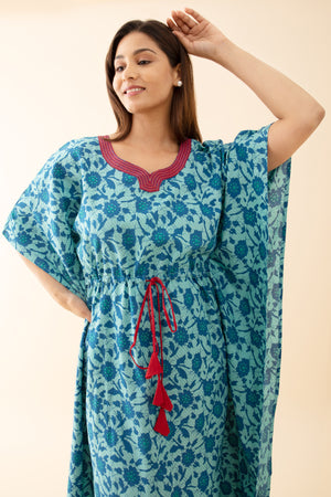 Abstract Floral Printed Kaftan with Front tie up Drawstring Blue