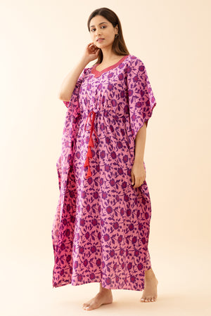 Abstract Floral Printed Kaftan with Front tie up Drawstring Pink