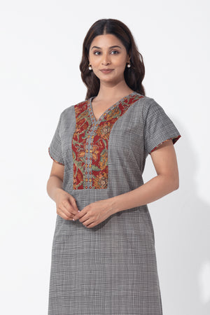 Grey Checkered Cotton Nighty with Floral Printed Yoke