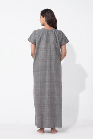 Grey Checkered Cotton Nighty with Floral Printed Yoke