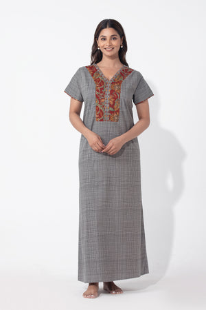 Grey Checkered Cotton Nighty with Floral Printed Yoke