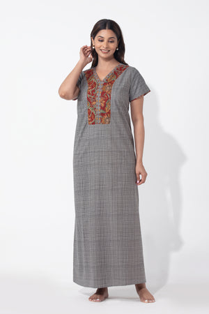 Grey Checkered Cotton Nighty with Floral Printed Yoke