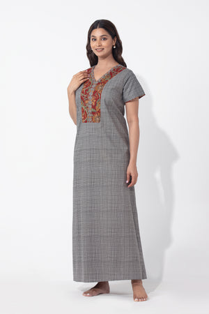 Grey Checkered Cotton Nighty with Floral Printed Yoke
