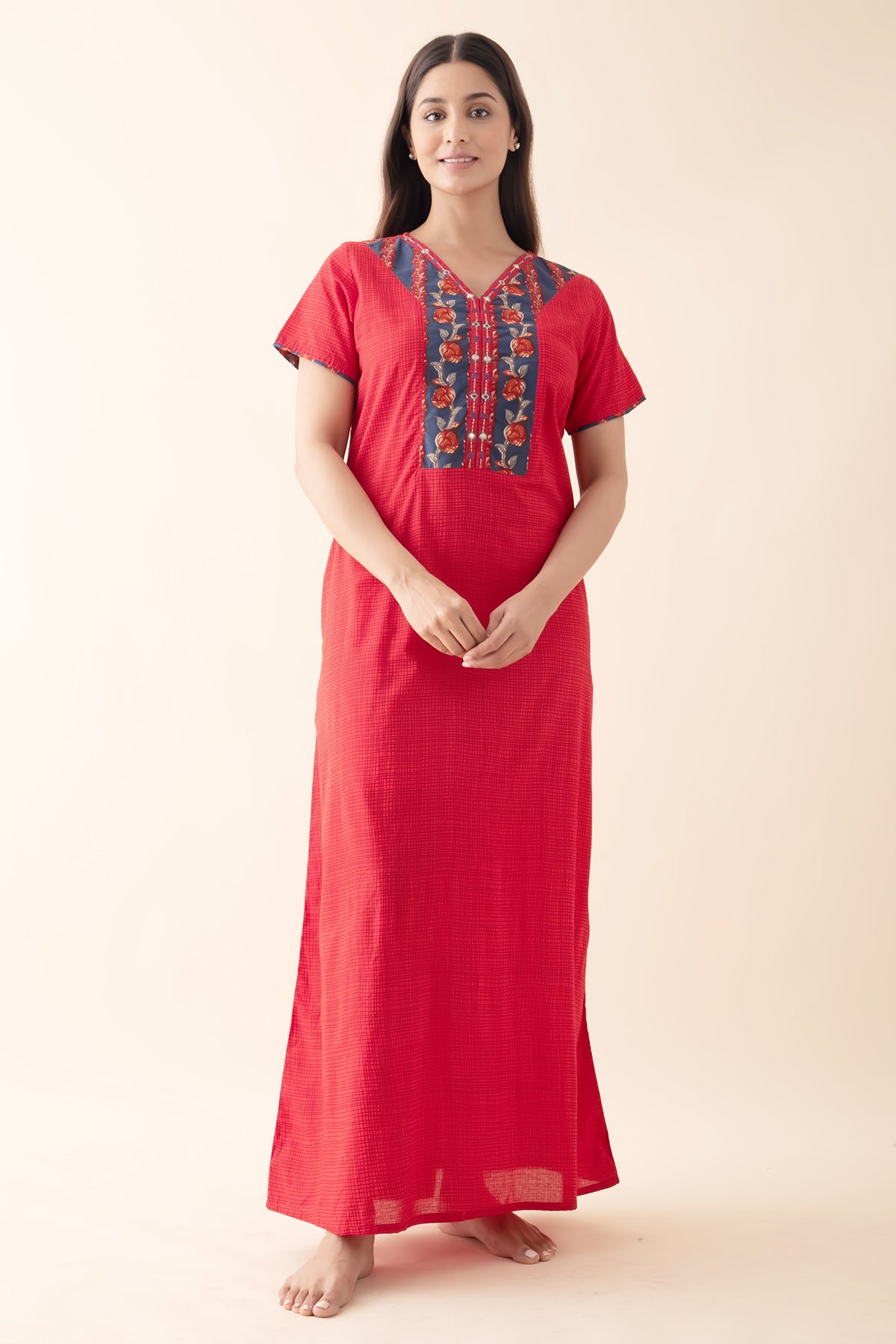 Red Checkered Cotton Nighty with Floral Printed Yoke