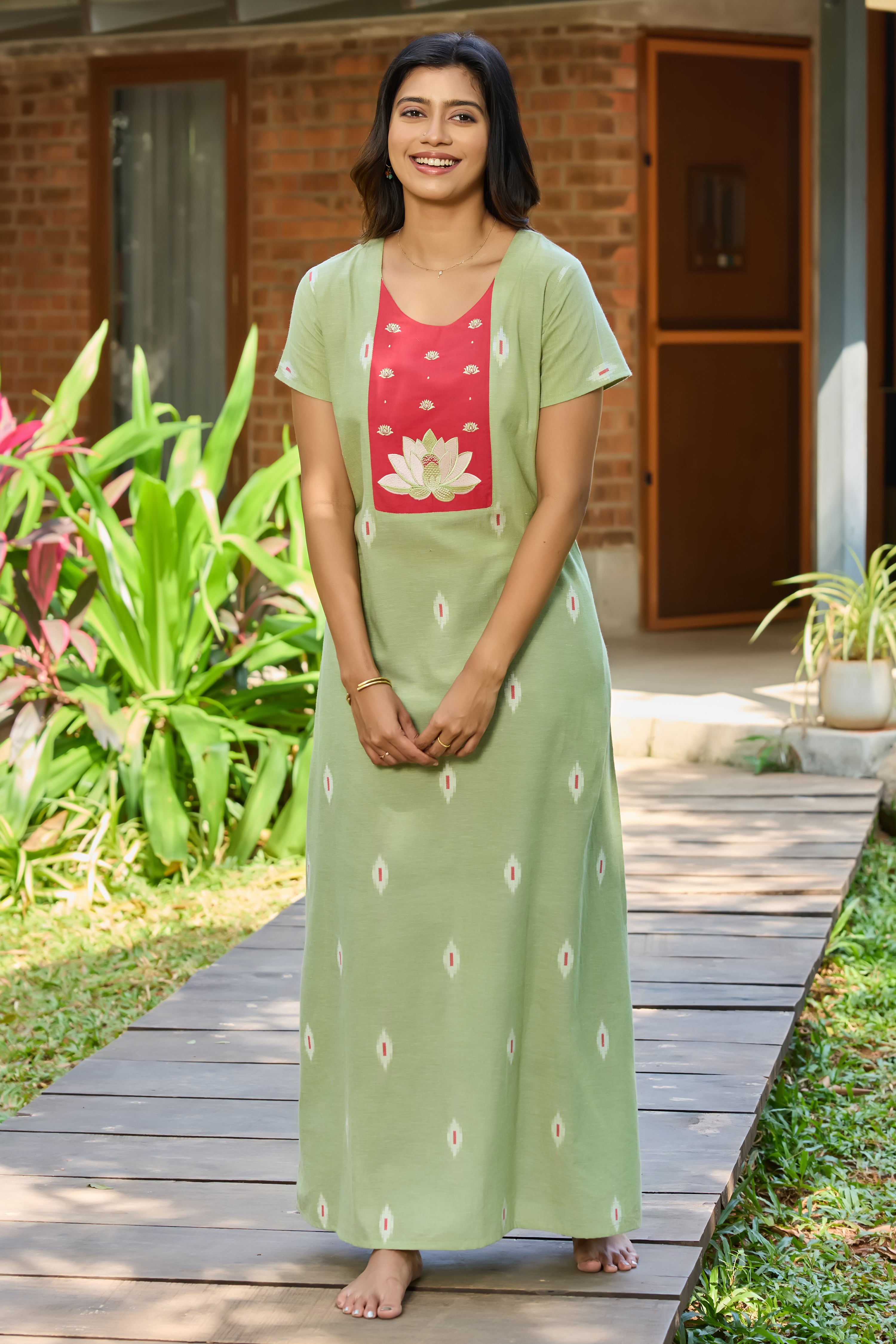 GREEN LOTUS EMBROIDERED IKAT COTTON NIGHTWEAR