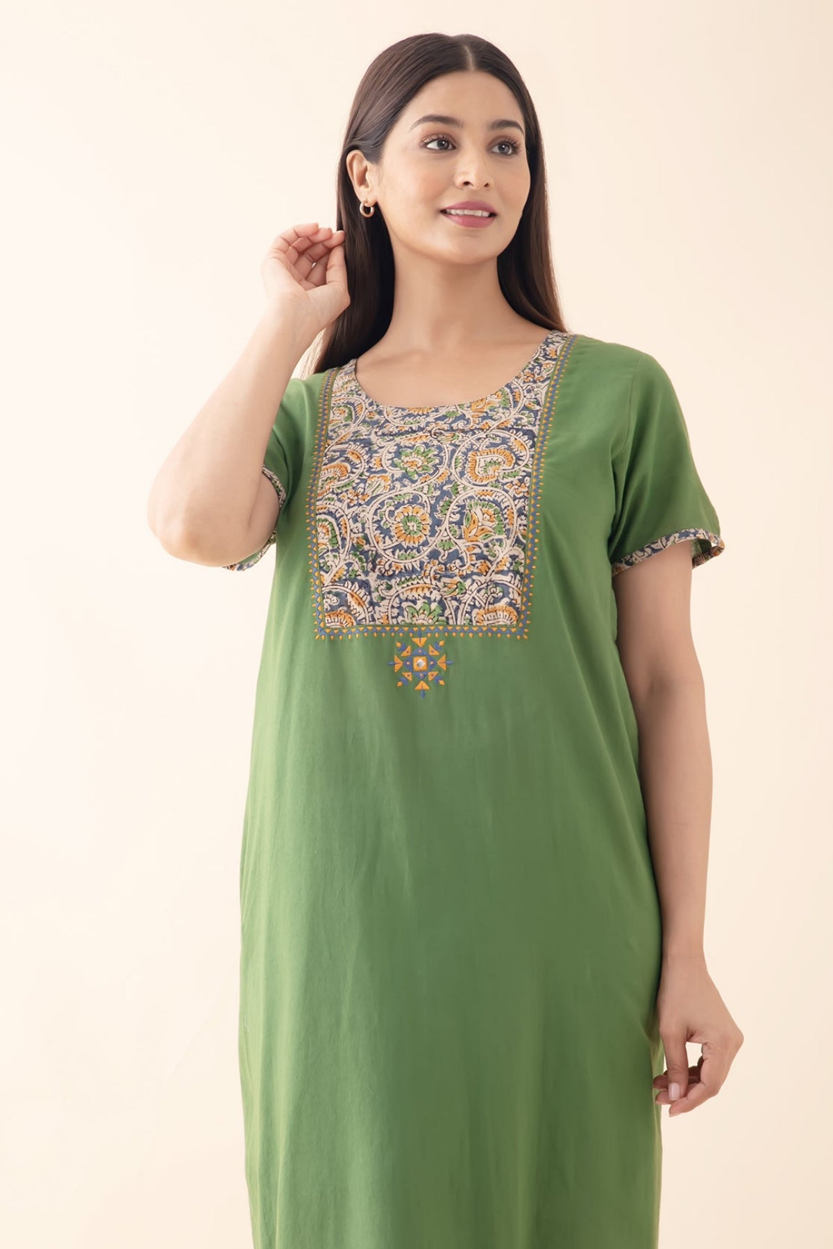 Solid Cotton Green Nighty with Kalamkari Yoke