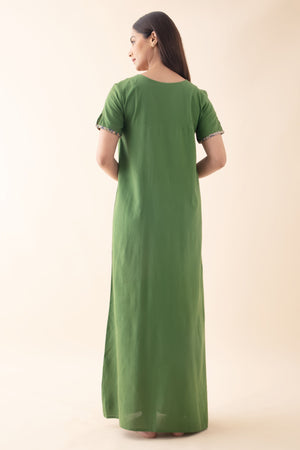 Solid Cotton Green Nighty with Kalamkari Yoke