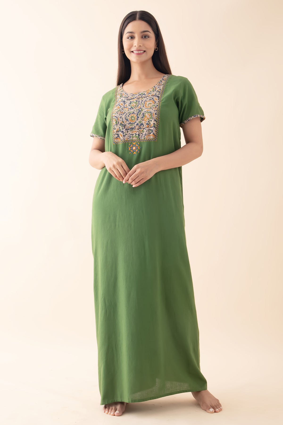 Solid Cotton Green Nighty with Kalamkari Yoke