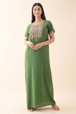 Solid Cotton Green Nighty with Kalamkari Yoke