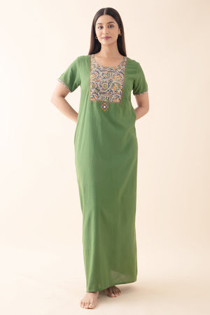 Solid Cotton Green Nighty with Kalamkari Yoke