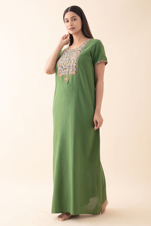 Solid Cotton Green Nighty with Kalamkari Yoke