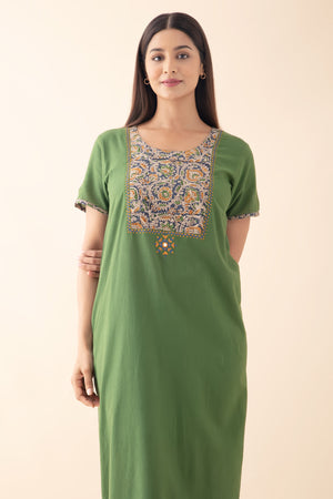 Solid Cotton Green Nighty with Kalamkari Yoke