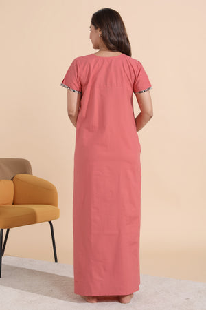 Peach Solid Cotton Nighty with Kalamkari Printed Yoke