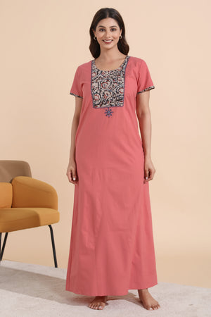 Peach Solid Cotton Nighty with Kalamkari Printed Yoke