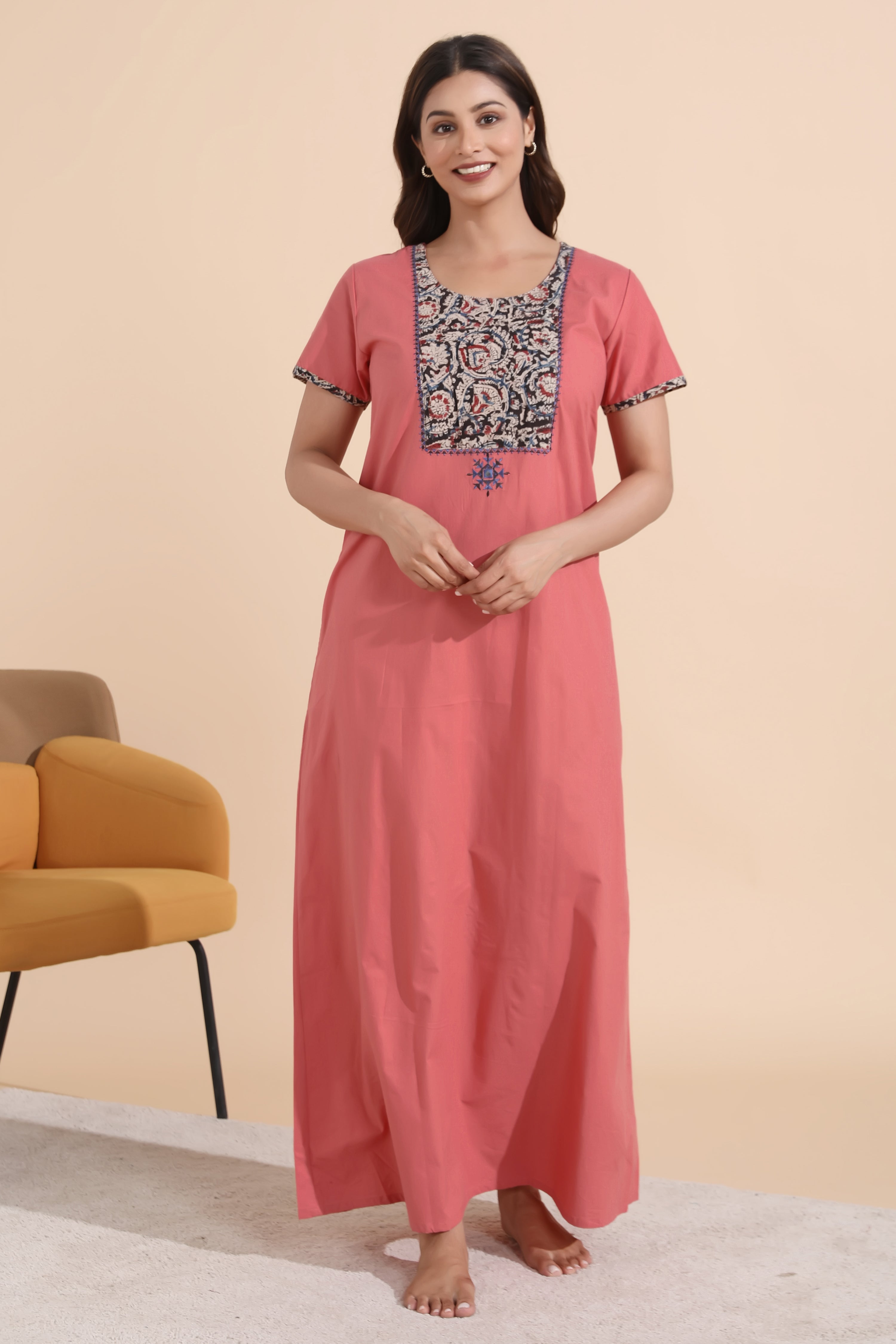 Peach Solid Cotton Nighty with Kalamkari Printed Yoke