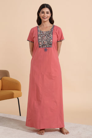 Peach Solid Cotton Nighty with Kalamkari Printed Yoke
