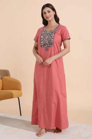 Peach Solid Cotton Nighty with Kalamkari Printed Yoke