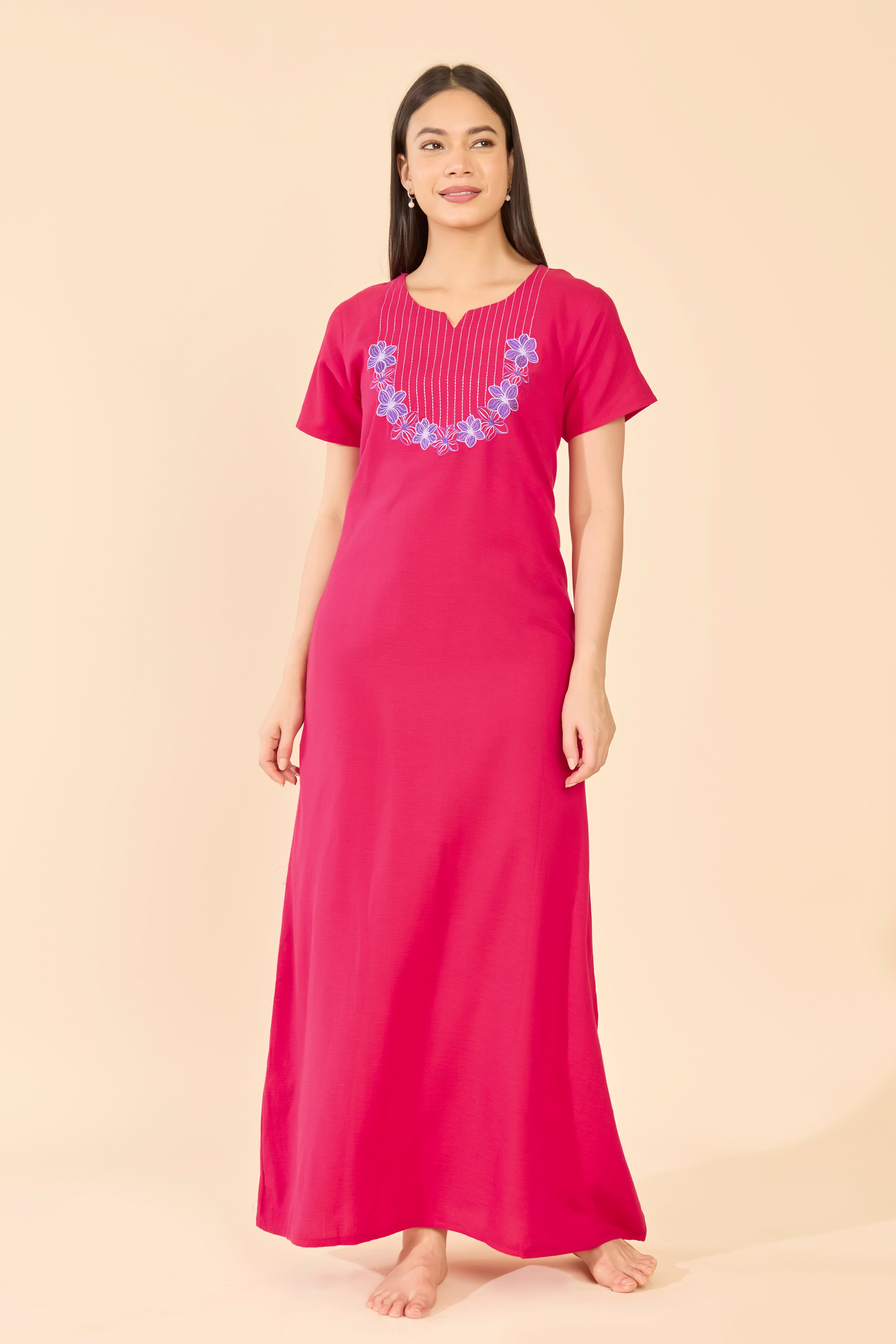 Pink Cotton Nightwear with Floral Embroidered Yoke