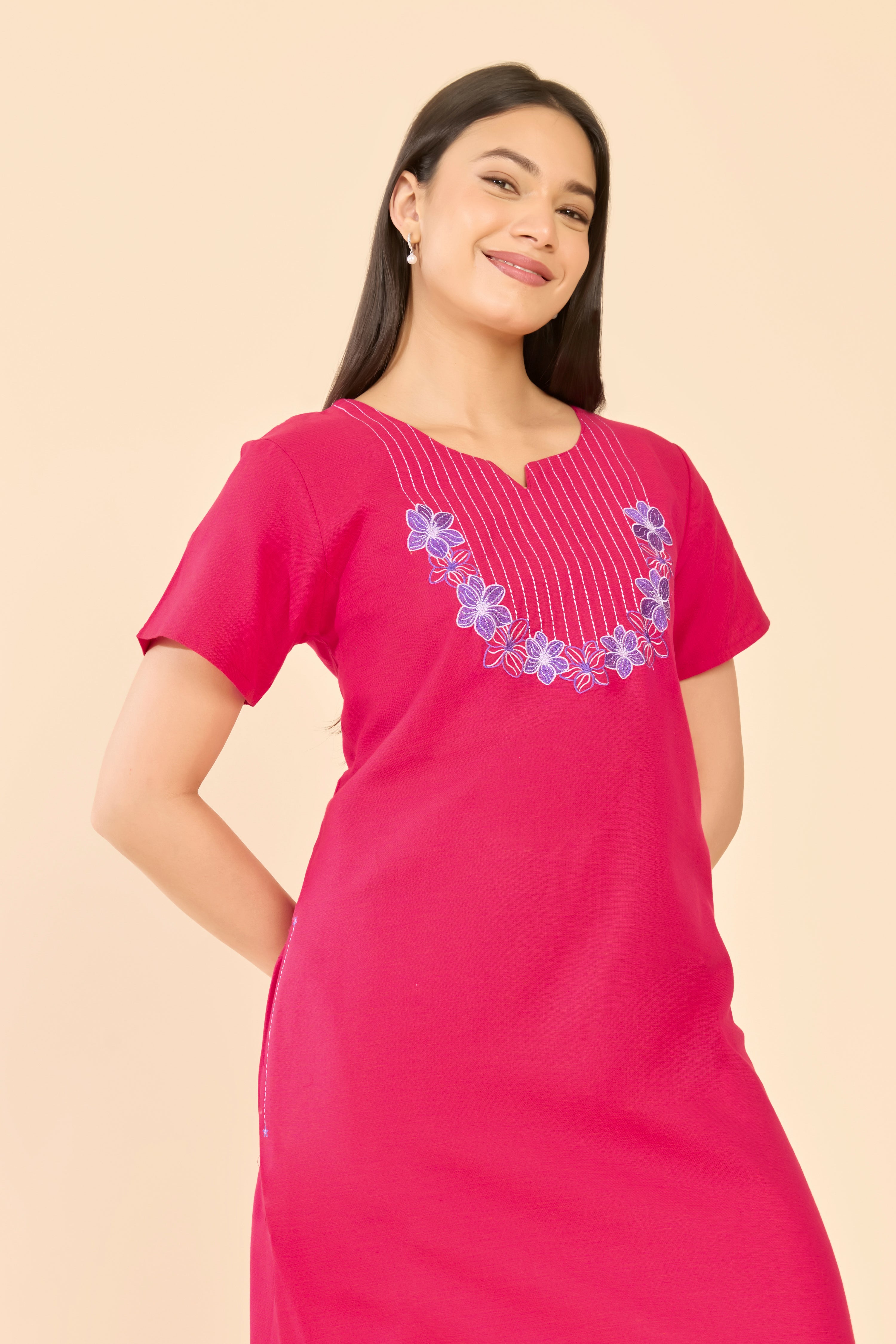Pink Cotton Nightwear with Floral Embroidered Yoke