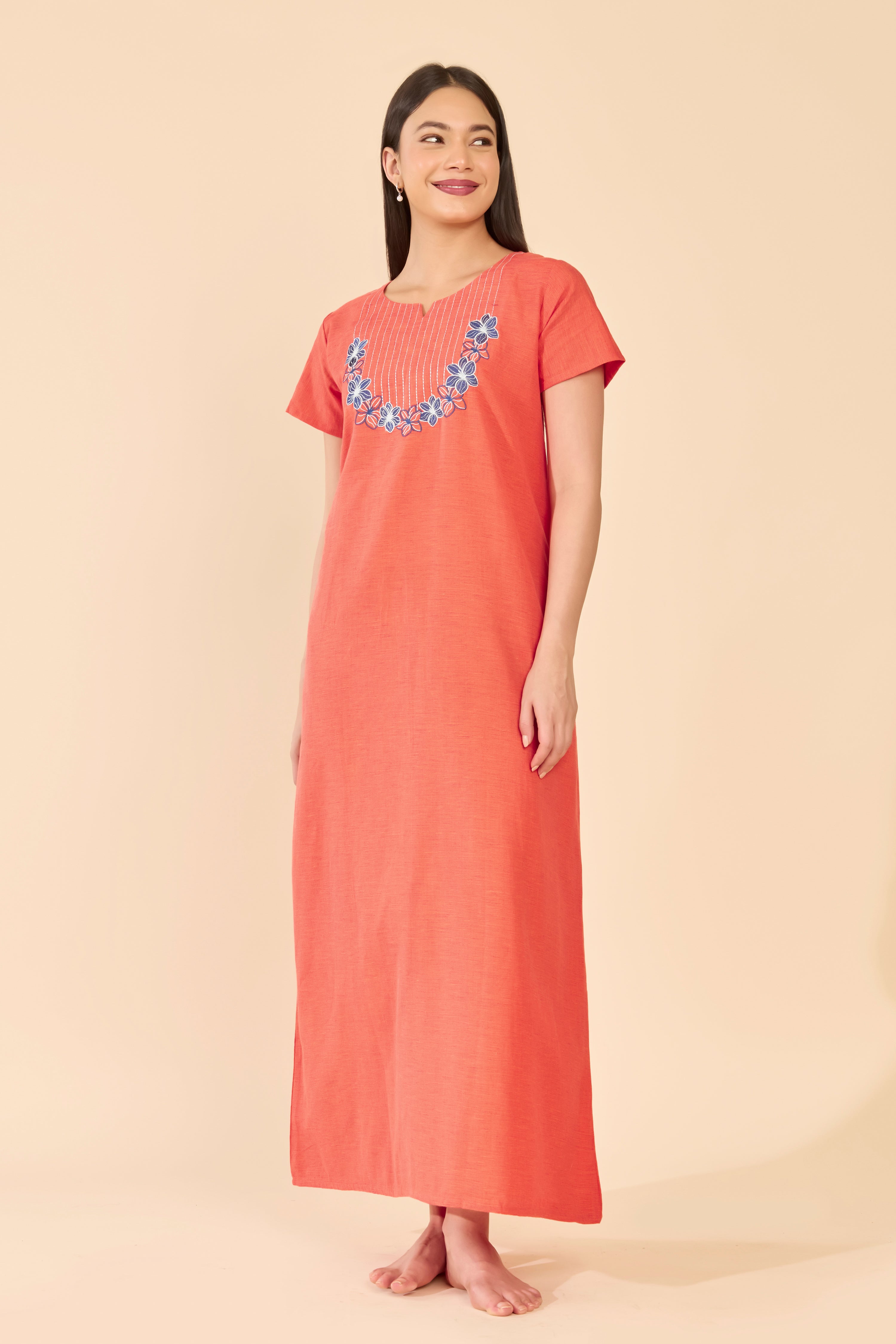 Rust Cotton Nightwear with Floral Embroidered Yoke