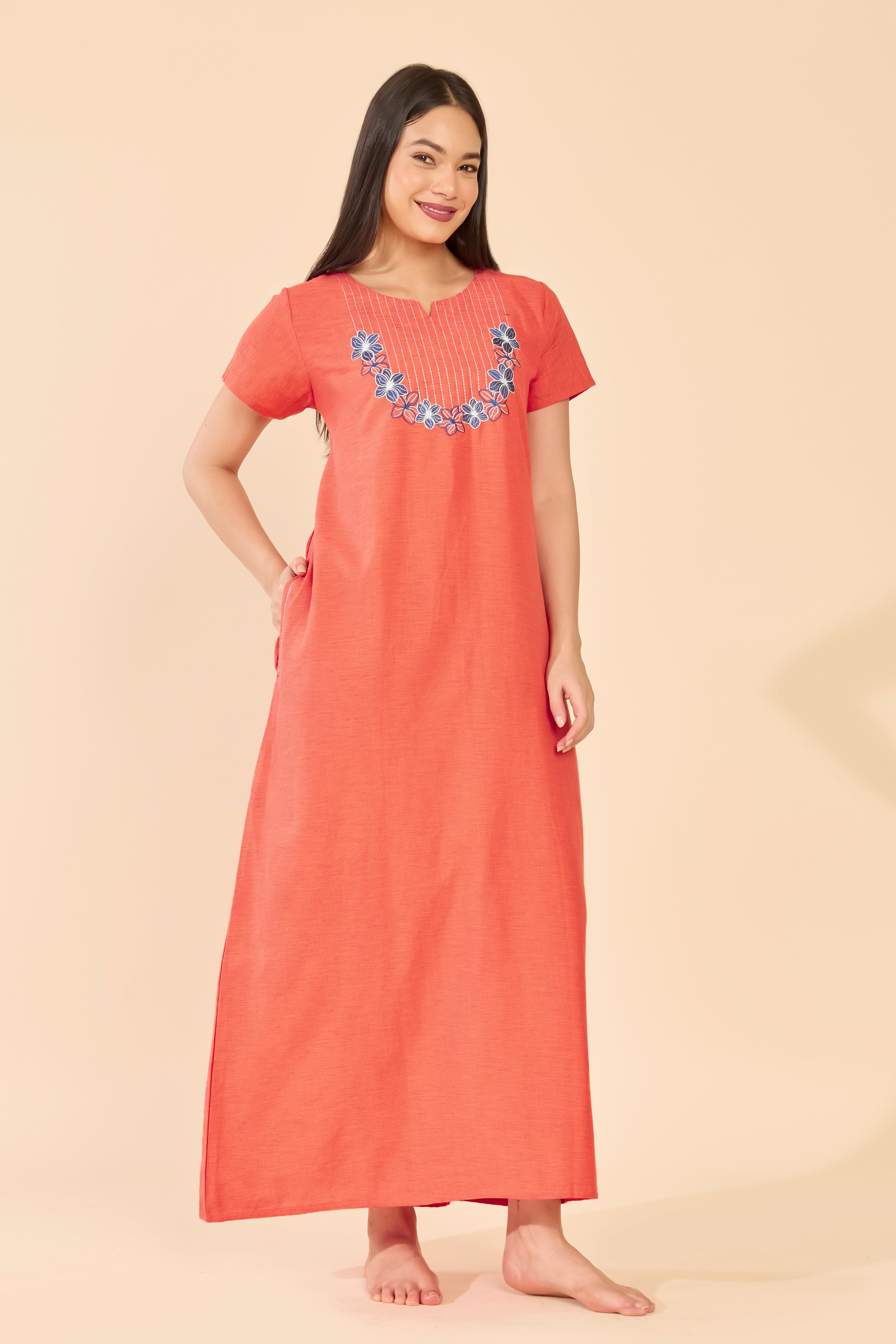 Rust Cotton Nightwear with Floral Embroidered Yoke
