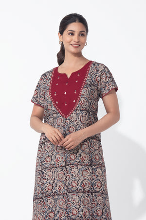 Kalamkari Maroon Nighty with Foil Mirror Embellished Yoke